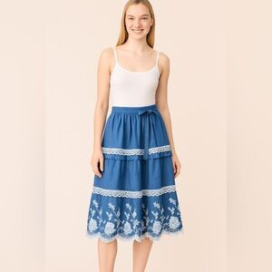 New Chambray Blue Embroidered Tiered Midi Skirt with Belt, Large